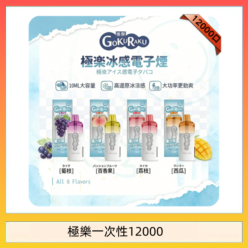 【8種口味】極楽 12000口一次性電子煙|超大容量 |口感絲滑|新品